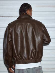 Modcrash Men's Long Sleeve Spring/Autumn Casual Loose-Fit Lapel Motorcycle Leather Jacket - Coffee Brown - View 2