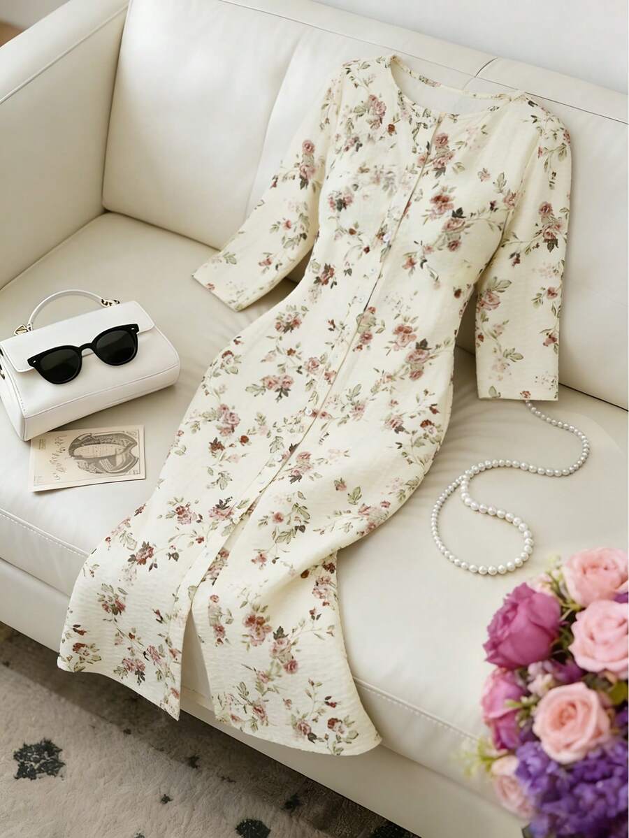 Franclia French Retro Printed Round Neck Casual Button Front Long Dress - Apricot - View 1