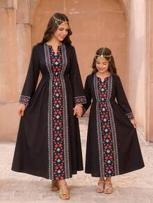 优雅复古几何印花喇叭袖连衣裙，中东穆斯林女孩长袖长裙 - 彩色 - 查看 1