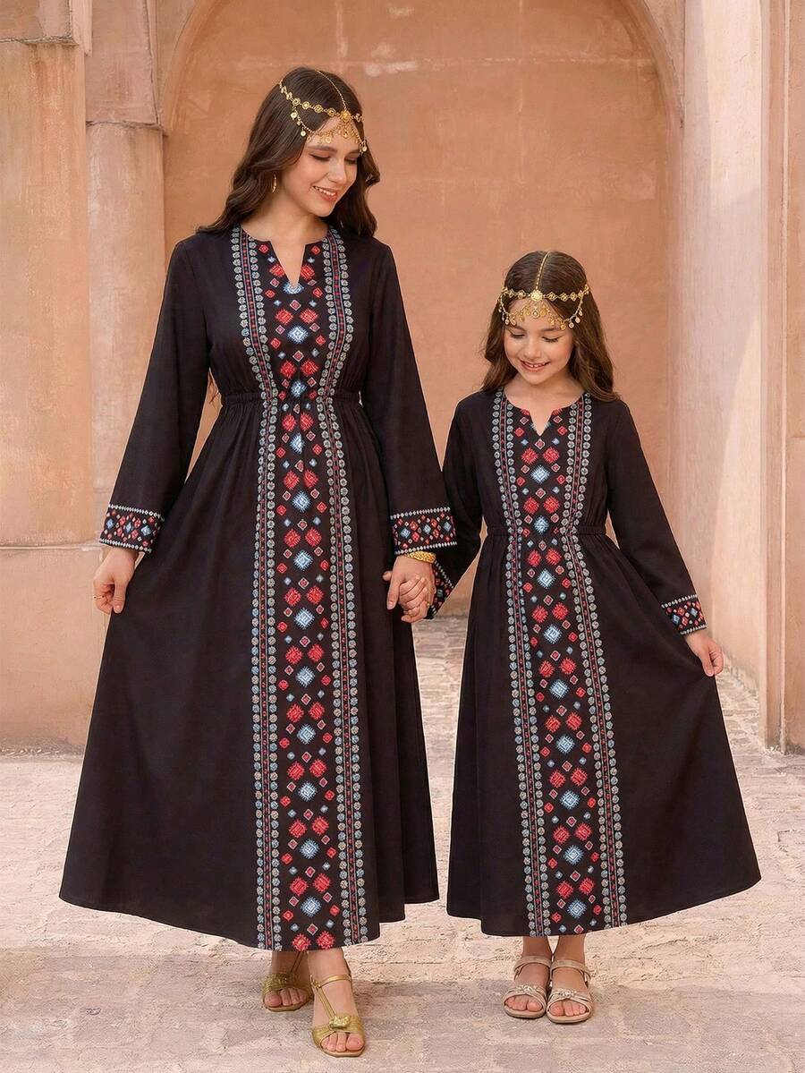 优雅复古几何印花喇叭袖连衣裙，中东穆斯林女孩长袖长裙 - 彩色 - 查看 1