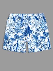 Manfinity Swimmode 男士热带印花抽绳腰带沙滩短裤，夏季 - 藍色 - 查看 6