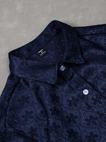 Manfinity EMRG 男士休闲提花前扣长袖衬衫长裤套装，秋季款 - 藏蓝色 - 查看 6