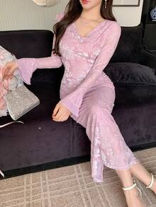 DAZY Đầm maxi dài tay thanh lịch cổ xếp ly in hoa dành cho nữ. - Màu tím - Xem 6