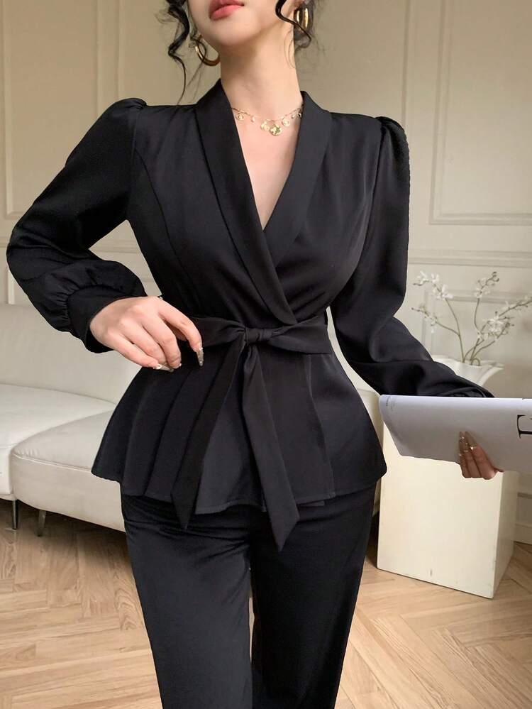 Spring & Summer Fitted Business Casual Elegant Fashion Office Wear Ruffle Patchwork Cinched Waist Blazer Shirt Black Top Flare Pants 2 Pieces Set For Women, Wedding Guest Dress Women