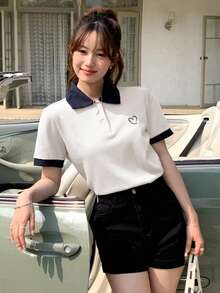 DAZY 愛心圖案拼接邊Polo領T恤 - 白色 - 查看 2