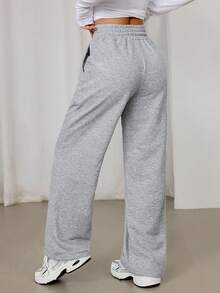 SHEIN PETITE Women's Drawstring Waist Casual Loose Straight Leg Sweatpants, Grey, Suitable For Spring/Summer - Multicolor - View 2