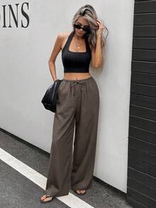 Siren Gaze Brown Plaid Relaxed Fit Pants For Women, Autumn/Winter - Brown - View 5