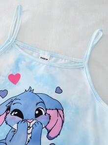 SHEIN 女童卡通兔子字母印花浅蓝色吊带背心+荷叶边短裤套装，面料柔软舒适，儿童休闲可爱睡衣 - 彩色 - 查看 6