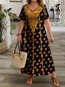 Mellowie 大码女式休闲V领短袖连衣裙，适合夏季穿着 - 彩色 - 查看 1