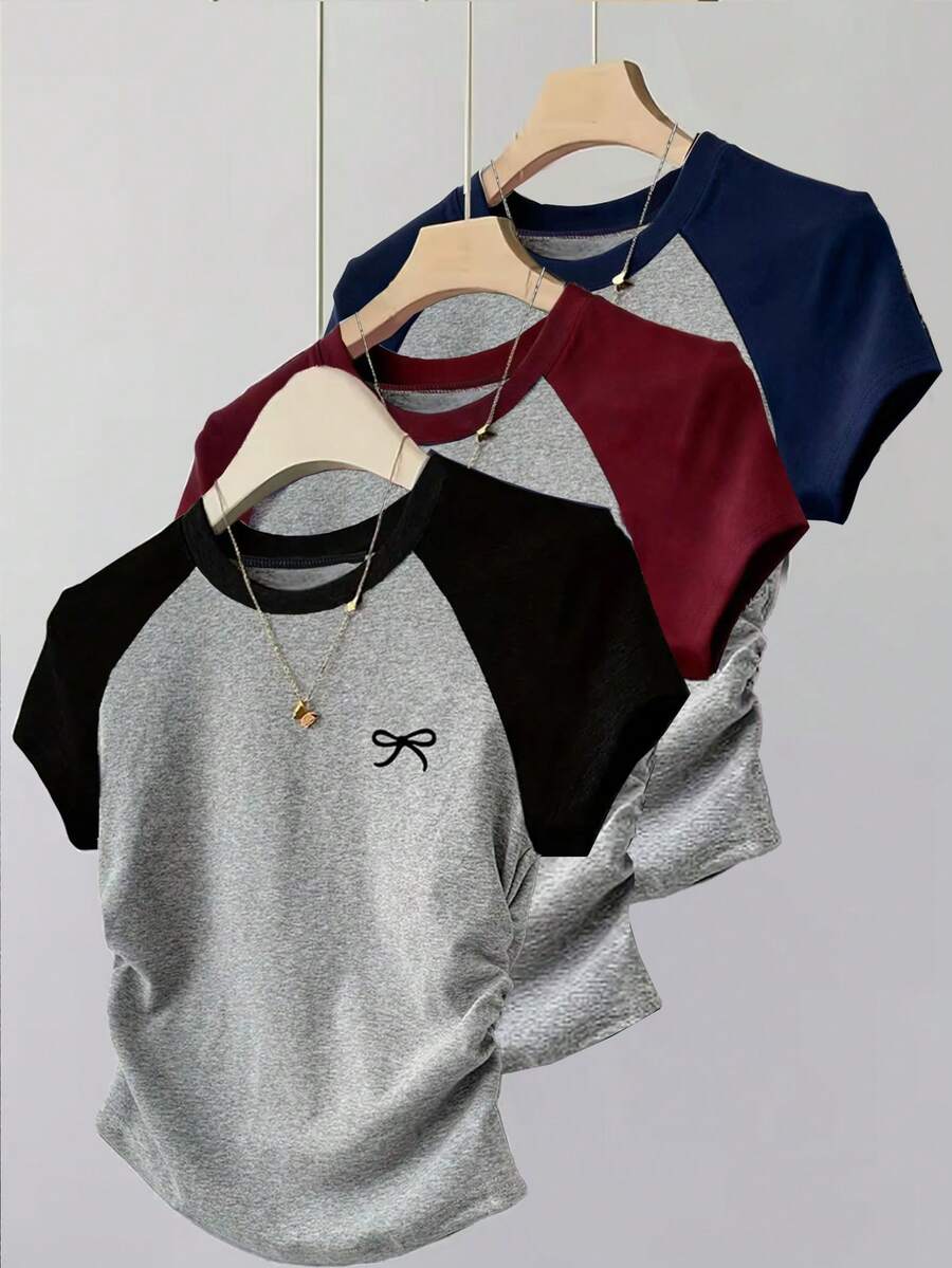 Bộ 3 áo thun tay raglan ôm sát eo, xếp ly và thắt nơ cho bé gái tuổi teen, đa năng cho đi học và mặc thường ngày. - Xám - Xem 1