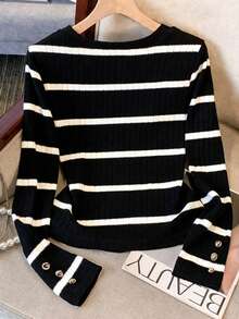 Franclia Women's New Ribbed Crew Neck Long Sleeve Casual Loose Thick T-Shirt, Suitable For Spring And Autumn