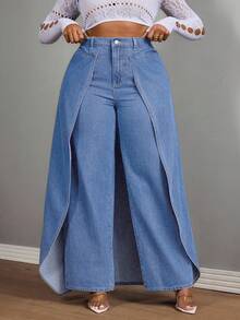 Slaydiva Quần jean nữ cỡ lớn kiểu cao bồi - Màu xanh dương, chất liệu denim không co giãn, dáng ống thẳng, phối nhiều mảnh vải. - Rửa nhẹ - Xem 3