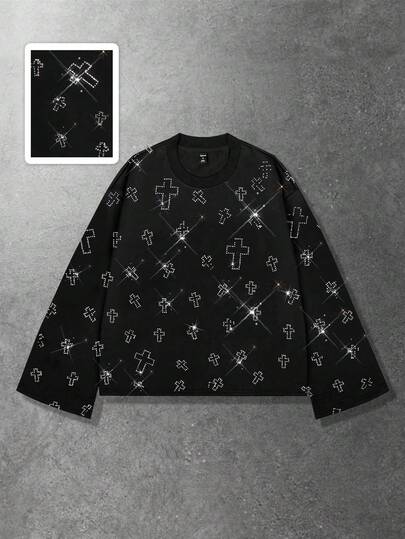 T-shirt girocollo a maniche lunghe unisex casual e alla moda, con decorazioni in strass