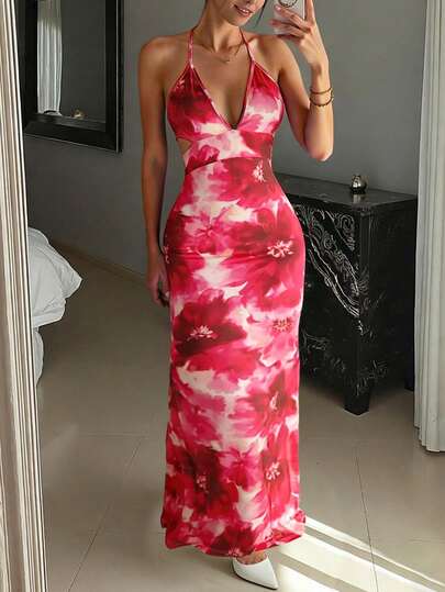 Rafferiza Women's Elegant Tie-Neck V-Neck Vacation Beach Casual Party Sexy Backless Date Photo Shoot Long Fitted Slim Dress