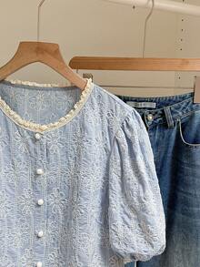 SHEIN Frenchy Women's Casual Floral Embroidered Shirt, Summer - Blue - View 4