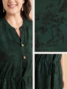 Momelise 大码女式休闲碎花V领纽扣短袖抽绳腰A字中长连衣裙 - 墨綠色 - 查看 2