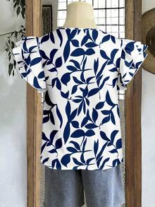 EMERY ROSE Áo sơ mi nữ tay ngắn kiểu dáng tối giản, in họa tiết lá xanh dương, tay bồng đôi, thích hợp cho mùa xuân/hè, đi nghỉ mát, đa năng. - Nhiều màu - Xem 6