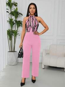 Lyxana 女士优雅印花露背连体裤 - 粉色 - 查看 5