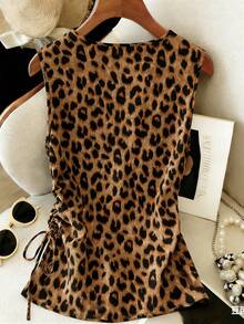 Franclia Leopard Print Fitted Sleeveless Top With Shimmering Pearls Neckline And Side Ruching,Dark Brown,Summer,Seductive,Party Night,Modern Cinched Waist Top - Multicolor - View 2