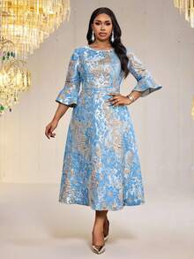 Fleurora 大码女士优雅派对宴会提花荷叶袖收腰喇叭裙摆连衣裙，不含腰带 - 彩色 - 查看 6