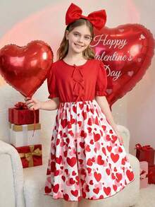 SHEIN Tween Mädchen Herz Muster Valentinstag Kleid, Schleife Dekor, Rüschenkragen, Puffärmel, gefalteter Rock, rotes Lässig Alltagskleid, elegantes gewebtes Herz Muster Schleifendekor, Rundhalspuffärmelkleid, geeignet für Valentinstag, Lässig Unternehmungen - Rot - Übersicht 3
