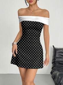SHEIN EZwear Đầm ngắn nữ kiểu dáng retro giản dị, nền đen, họa tiết chấm bi trắng khắp thân đầm, thích hợp cho các bữa tiệc mùa xuân/hè, trang phục vintage. - Nhiều màu - Xem 5