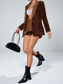 Aveloria Modichic Stylish Design Loose Sequin Fabric Patchwork Blazer Jacket  - Brown - View 4