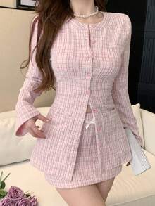 DAZY 春夏粉色格子长款外套和修身迷你裙套装，优雅百搭，适合情人节、婚礼、派对、正式场合，时尚修身，通勤两件套女装 - 粉色 - 查看 7