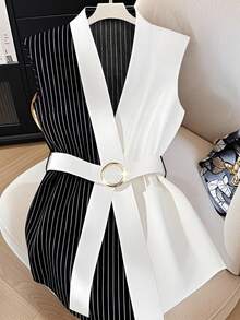 Elenzga Plus Size Elegant Patchwork Striped Sleeveless Shirt, Suitable For Commuting - Black - View 3