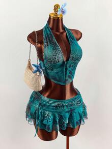 Amplova 2pcs Women Leopard Print Sexy Tie-Dye Halter Top And Ultra Low-Waist Mini Skirt Set - Multicolor - View 1