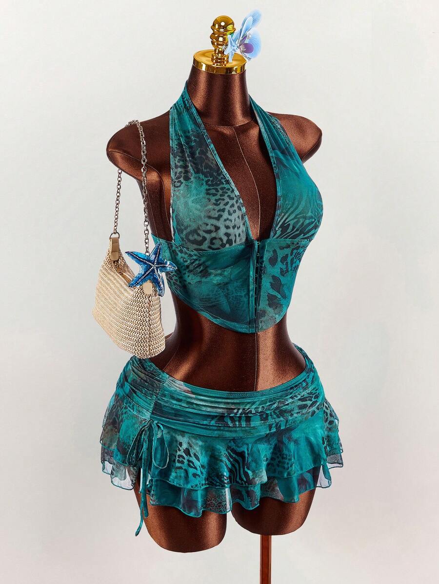 Amplova 2pcs Women Leopard Print Sexy Tie-Dye Halter Top And Ultra Low-Waist Mini Skirt Set - Multicolor - View 1