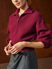 Airaco Cardigan Vintage Lengan Lentera dengan Potongan Pinggang Pendek - Burgundy - View 5