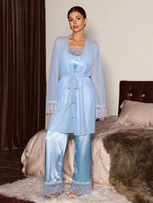 Slumberist 三件套蕾丝拼接V领吊带背心、裤子+网纱睡袍女士睡衣套装，成熟性感 - 藍色 - 查看 6