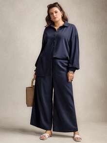Zelara Plus Size Navy Blue Solid Button Front Long Sleeve Top And Pants 2 Pieces Set,Women's Smart Casual Autumn Vacation Outfits,Modest Abaya Beach Dress - Dark Green - View 4