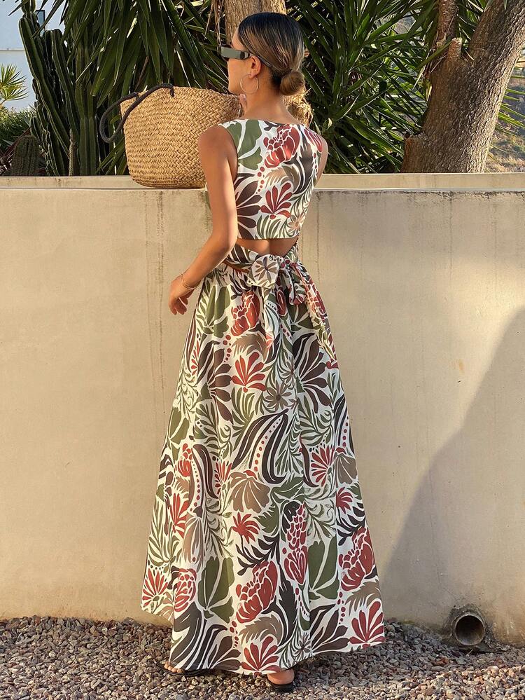 Floral Print Sleeveless Tie-Front Midi Dress, Vacation Style For Spring & Summer Boho