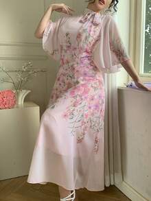 DAZY Women's Elegant Floral Print Ruched Tie Neck Flounce Sleeve Midi Dress, Spring/Summer