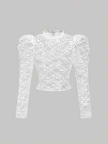 SHEIN MOD 加大码白色羊腿袖蕾丝上衣，浪漫优雅荷叶边领口，性感透视，适合度假和约会。春夏假日派对、新年、姐妹下午茶聚会皆宜。 - 白色 - 查看 5