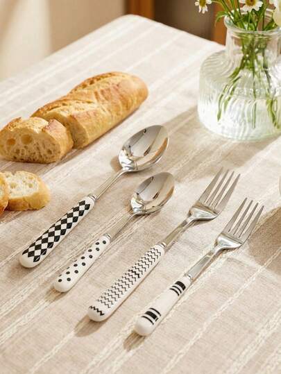 Cirelle 1/2件套 陶瓷柄不锈钢餐具，抛光表面，陶瓷柄甜点勺、餐叉和汤匙 - 创意厨房用具，包含叉子、茶匙和汤匙，是日常用餐的理想之选