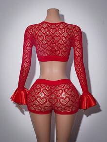 2pcs Valentine's Day Dancer Inspired Outfit - Full Body Heart Cutout, Ruffle Sleeves, Satin, Rhinestones, Criss-Cross Tie, Seamless, Y2K Clubwear, Sexy Lingerie Set For Women - Red - View 7