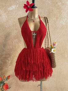 Soleia Autumn/Winter Red Fringe Sexy Women Sweater Mini Dress Summer Spring Valentine's Day Casual Vacation  Beach Wedding Birthday Going Out Elegant Casual Vacation Y2K - Red - View 6