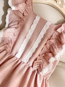 Elladie kids 1 pieza Vestido casual de princesa para niñas preadolescentes con mangas de encaje, hombros descubiertos, cintura elástica, tela ligera y decoración floral elegante para el verano - Rosa - Ver 5