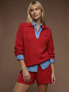 Muvela Women's Polo Collar Long Sleeve Wool Sweater And Shorts 2-Piece Set, Warm And Comfortable, Delicate Embroidery, Retro College Style, Lazy Daily Wear, Cozy Home, Back To School, Casual Outings, Afternoon Tea, Old Money Vibe, Autumn & Christmas - Red - View 2