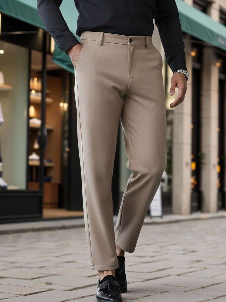 Manfinity Bizformal Men's Solid Color Pocket Casual Loose Straight Leg Pants - Khaki - View 1