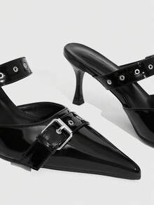 CUCCOO SZL Women's Simple Pointed Metal Buckle With Black Mules Stilettos, Sexy Retro Punk Style, Suitable For Parties, Street Tide Shooting And Other Scenes - Black - View 6