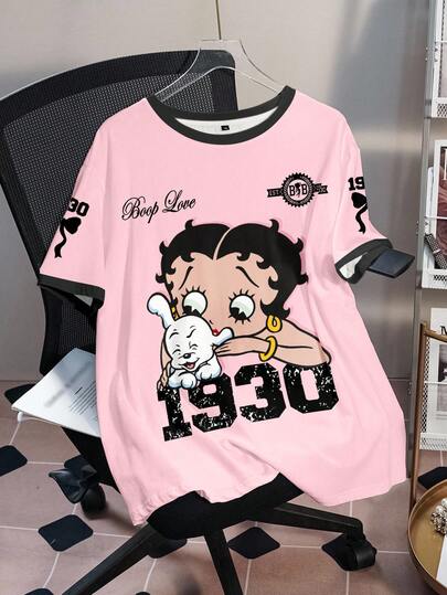 Betty Boop x SHEIN Plus Size Summer Casual Figure Graphic Contrast Trim Round Neck Short Sleeve T-Shirt
