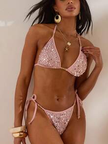 Opulessa 女士亮片拼接系带性感沙滩比基尼泳裤，春假、夏季、沙滩、粉色、休闲、度假、暑假、休闲、优雅、外出、派对、沙滩短裤、暑假、节日、春夏 - 彩色 - 查看 3