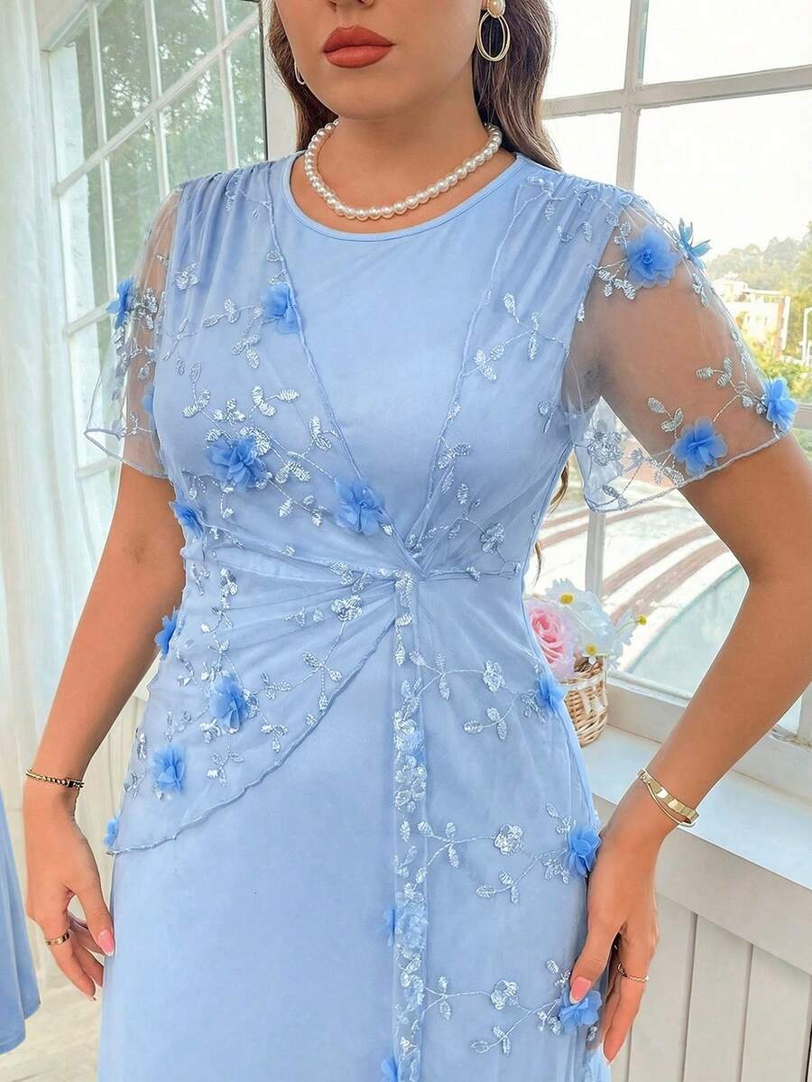 Reflora 大码女士优雅鸡尾酒连衣裙，饰有花卉刺绣、网纱拼接和扭结腰身设计，夏季 - 淺藍色 - 查看 1
