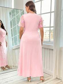 Reflora Plus Size Summer Elegant Contrast Mesh Applique Round Neck Dress, Summer Dresses - Coral Pink - View 2