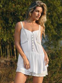 WESTFADE Sleeveless Button Front Crochet Lace Trim Peplum Loose Fit Romper - White - View 3