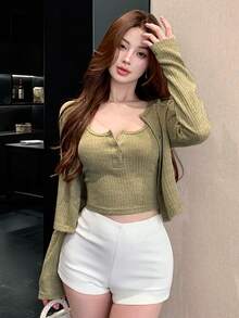 DAZY 2pcs Women Autumn/Winter Fashion Brown Fuzzy Fitted Crop Top & Cardigan Set - Dark Green - View 5
